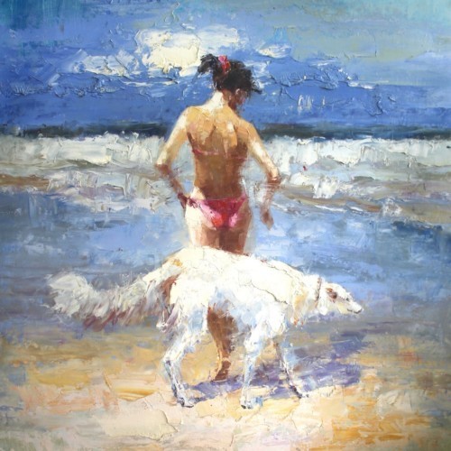 Девушка и собака на берегу моря 168